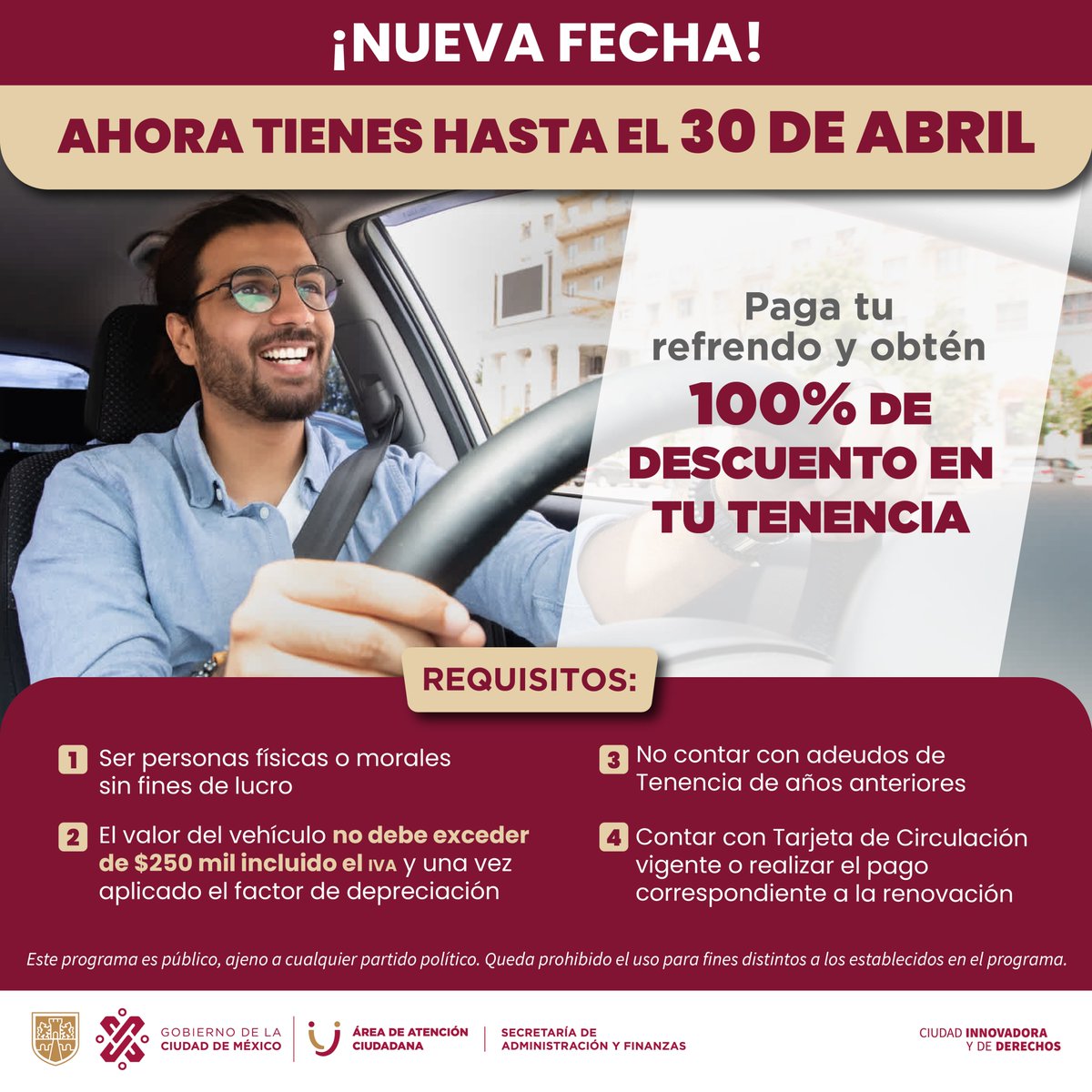 ¡Porque tú lo pediste! 🤩 Quedan muy pocos días.😱Ampliamos el plazo para realizar el pago de tu refrendo y recibir un descuento del 100% en tu tenencia vehicular. No te quedes fuera, tienes hasta el 30 de abril. ⏳ Realiza tu pago en línea aquí: 👉🏻 finanzas.cdmx.gob.mx