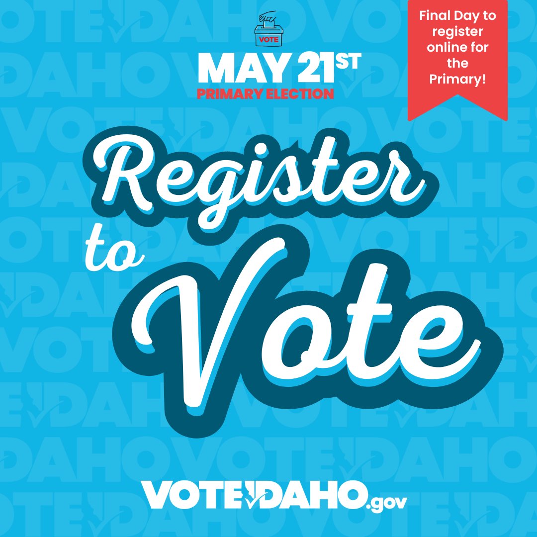 TODAY is the LAST DAY to pre-register to vote online for the upcoming May 21st Primary Elections here in #Idaho. Register, update your registration or check your registration status. Be #VoteReady! #IDPol #VoteIdaho voteidaho.gov/voter-registra…