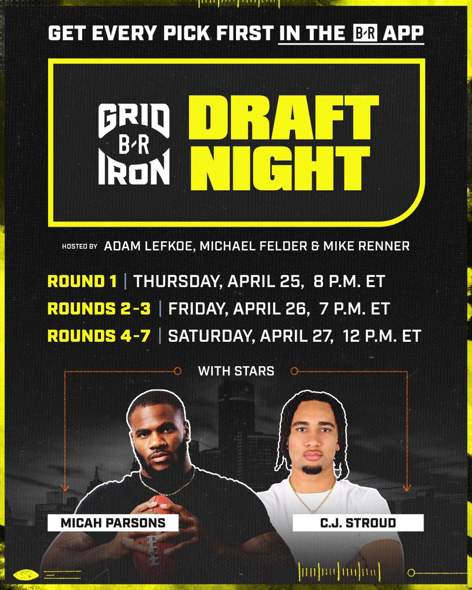 Going live on the @BleacherReport NFL draft show in one hour with @AdamLefkoe, @MicahhParsons11, and @CJ7STROUD I might have take or two br.app.link/e/SmnL4ER03Ib