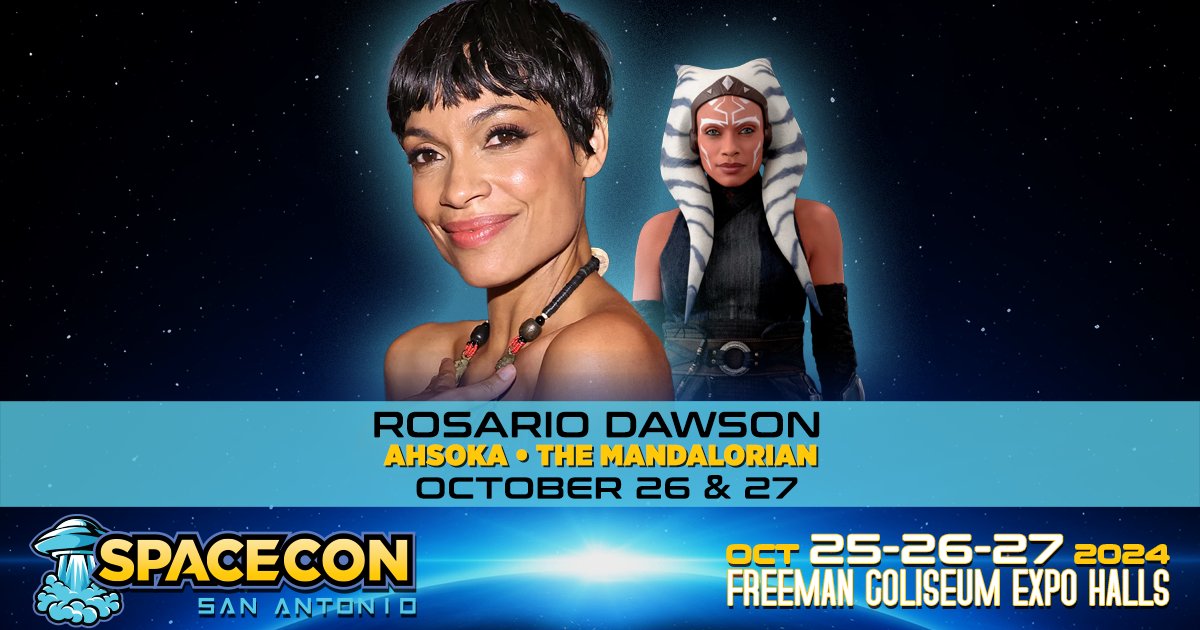 Rosario Dawson, aka AHSOKA, is appearing at Spacecon San Antonio for two exciting days. She is doing autographs, solo photo ops and duo photo ops with Hayden Christensen. Get your Rosario Dawson Experience — Available now at SpaceconSA.com