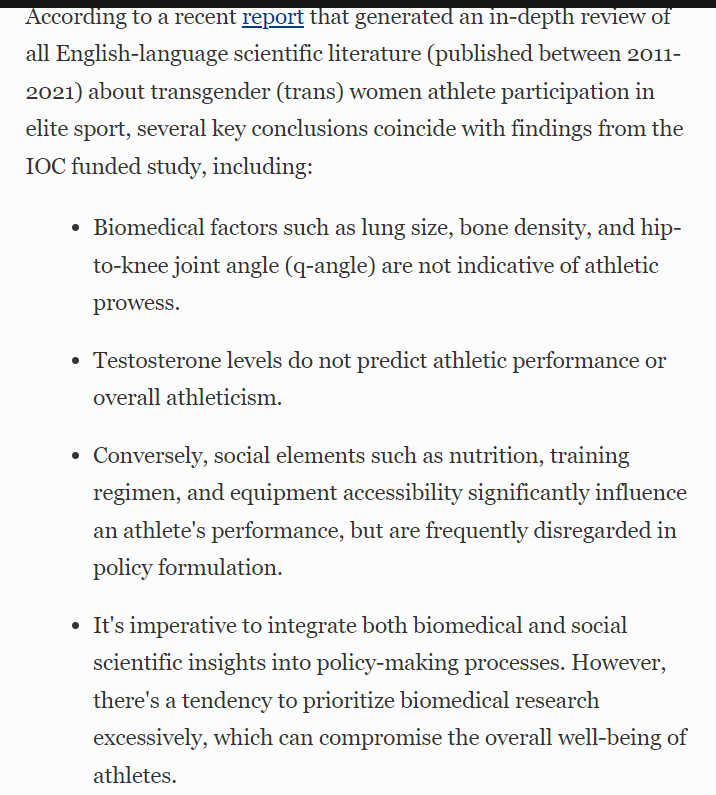 The first analysis of trans athletes who've undergone gender-affirming hormone therapy (by the International Olympic Committee) has concluded that transgender athletes DO NOT have unfair advantages & could be at a physical DISADVANTAGE compared to their cisgender counterparts!