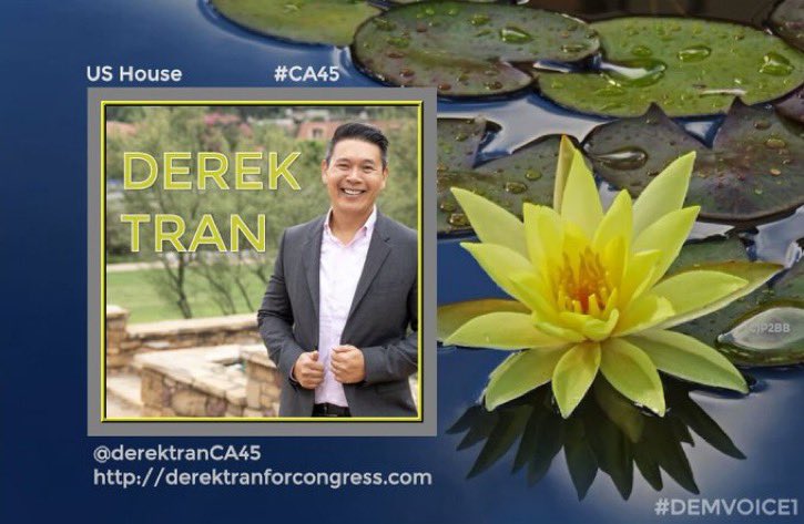 #DemVoice1 
#DemsUnited 
DEREK TRAN is an Army Veteran, Consumer Rights Attorney, City Commissioner, & small business owner running for the US House in #CA45 

@derektranCA45 has made a commitment to protect a woman’s right to choose & will stand up to Trump & MAGA extremists…