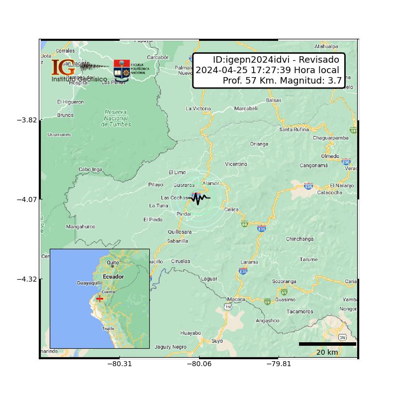 #SISMO ID:igepn2024idvi Revisado 2024-04-25 17:27:39 TL Magnitud: 3.7 Profundidad: 57 km, a 36.09 km de Macara, Loja, Latitud: -4.07 Longitud:-80.06 Ecuador. Sintió este sismo?