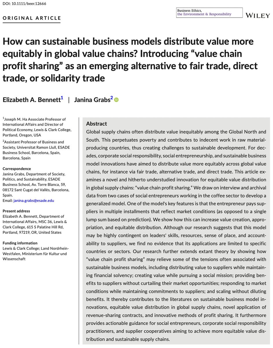 How can sustainable business models distribute value more equitably in global value chains? …'value chain profit sharing' as an emerging alternative to fair trade… E.A. Bennett & @JaninaGrabs 🔓→ doi.org/10.1111/beer.1… ☕️ #FairTrade #SocialEntrepreneurship #ValueChain #CSR