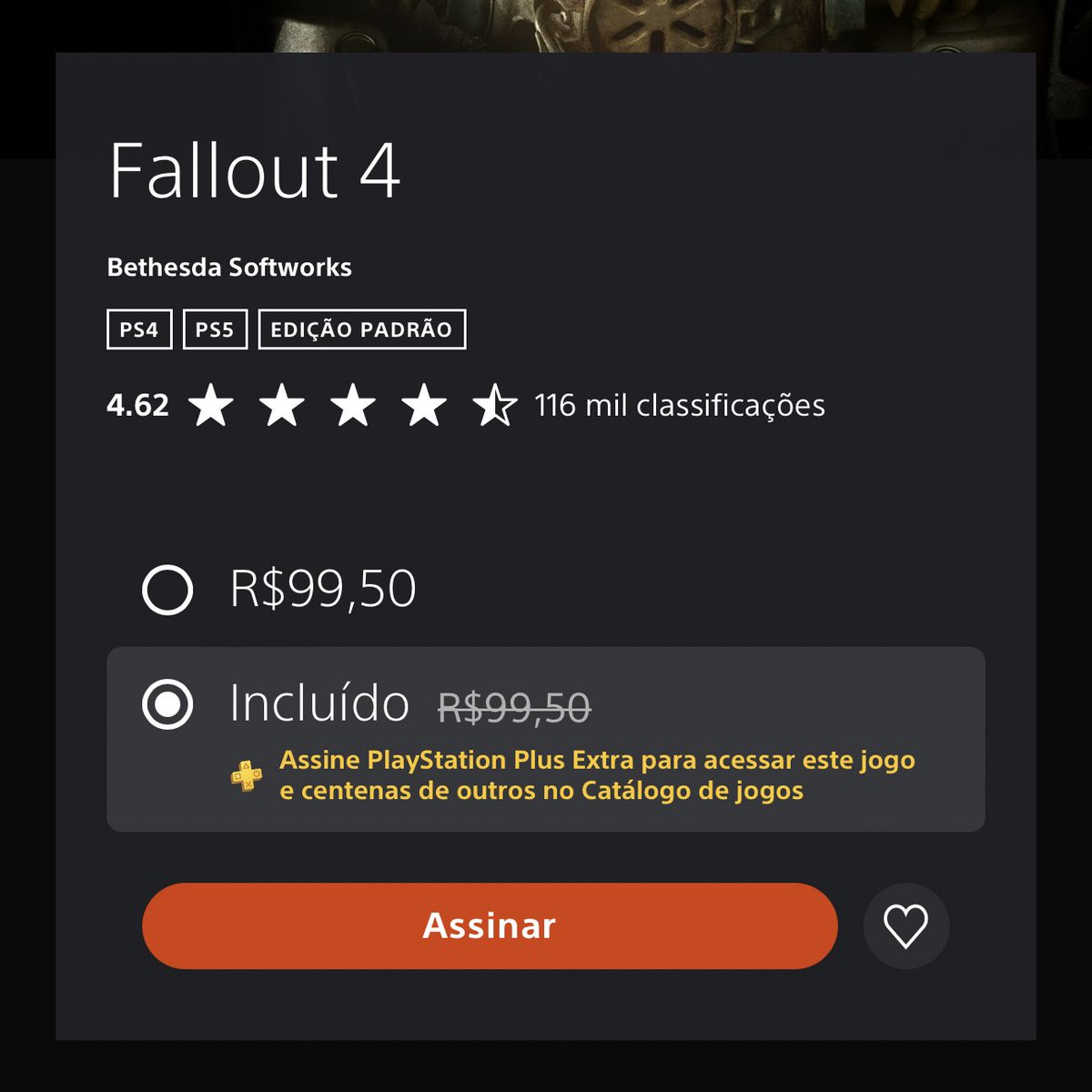 A Bethesda consertou o bug e finalmente os usuários do PlayStation Plus Extra/Deluxe podem baixar a versão de PS5 de Fallout 4 (store.playstation.com/pt-br/product/…).

O update inclui:

- trophy list do PS5
- suporte ao Dualsense
- modo performance (4K dinâmico com 60FPS)
- modo qualidade (4K…