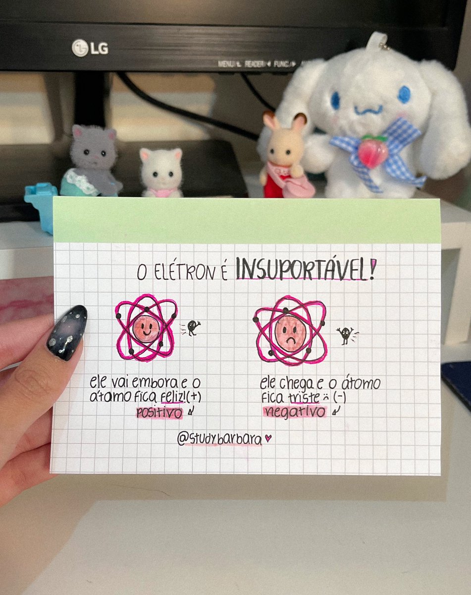 studybarbara's tweet image. criei um macete pra resolver essa situação! 💖

quando o átomo perde elétron, ele fica feliz (positivo), e quando ele ganha elétron, fica triste (negativo)! ✨