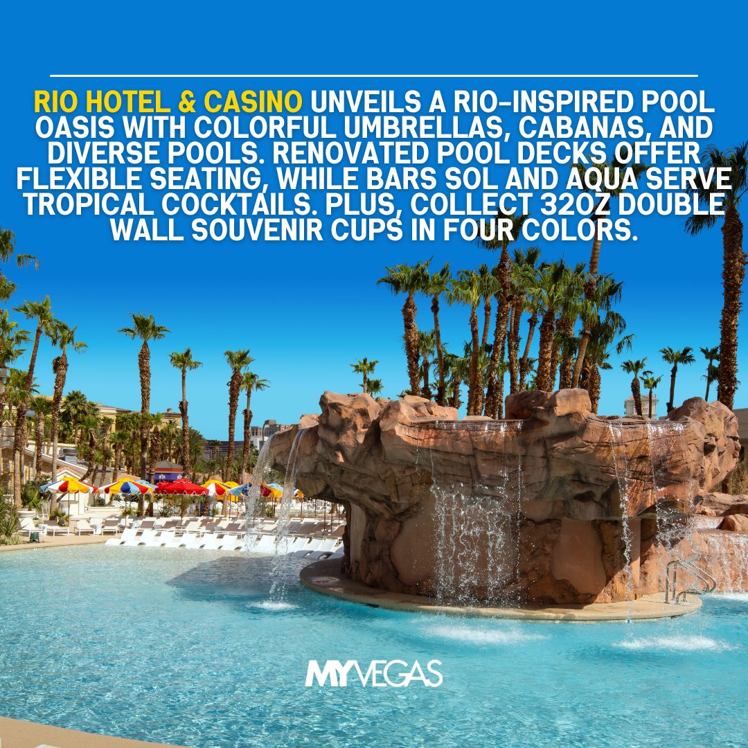 🌴 Dive into Rio vibes at @RioVegas ! Explore our new pool oasis inspired by Rio's beaches. Colorful umbrellas, cabanas, and the enchanting Lagoon pool await. Relax on revamped Pool Decks, sip cocktails at Bars Sol and Aqua, and grab 32oz Double Wall Souvenir Cups! #LasVegasRio