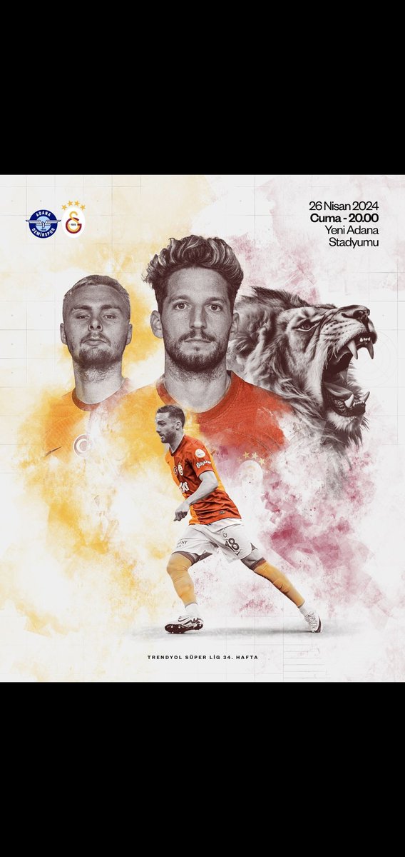 #BugünGünlerdenGALATASARAY 🦁❤️💛🇹🇷 🏆 Trendyol Süper Lig 2023-2024 Sezonu 🗓️ 34. Hafta ⚽ Y. Adana Demirspor 📆 26.04.2024 ⏰ 20.00 🏟️ Yeni Adana Stadyumu 📲 #ADSvGS