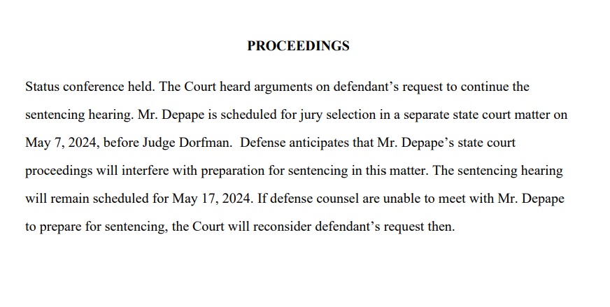 David Depape, convicted of assault against Paul Pelosi in California, has asked to DELAY his May 17 sentencing hearing in federal criminal case His separate state crim. case poses scheduling issues per court filing. Court: 'The sentencing hearing will remain scheduled'