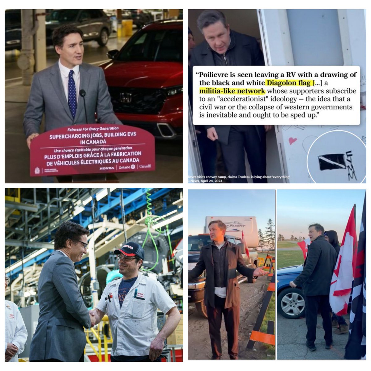 A day at work. On the left, our guy announcing $15 billion in auto jobs for Ontario. On the right, their guy playing with right-wing extremists. One's a Prime Minister, bringing jobs for workers and building a future for our kids. The other is Pierre. Doing Trumpy things.