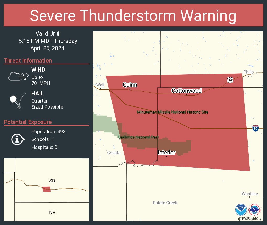 Severe Thunderstorm Warning continues for Interior SD, Quinn SD and Cottonwood SD until 5:15 PM MDT. This storm will contain wind gusts to 70 MPH!