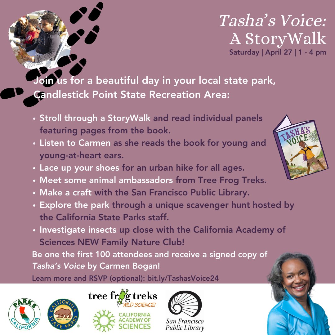 Calling all readers and nature lovers - head out to Candlestick Point Recreation Area on April 27 for a StoryWalk featuring the excellent book Tasha's Voice! Learn more here: bit.ly/TashasVoice24