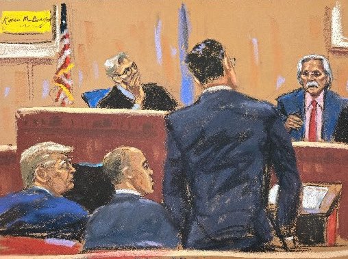 Today’s courtroom sketch artist appreciation post: 1) SCOTUS by Bill Hennessy, with Trump atty John Sauer, Michael Dreeben on behalf of special counsel Jack Smith (behind him)   2) NY case by Christine Cornell, David Pecker on the stand 3) NY case by Jane Rosenberg