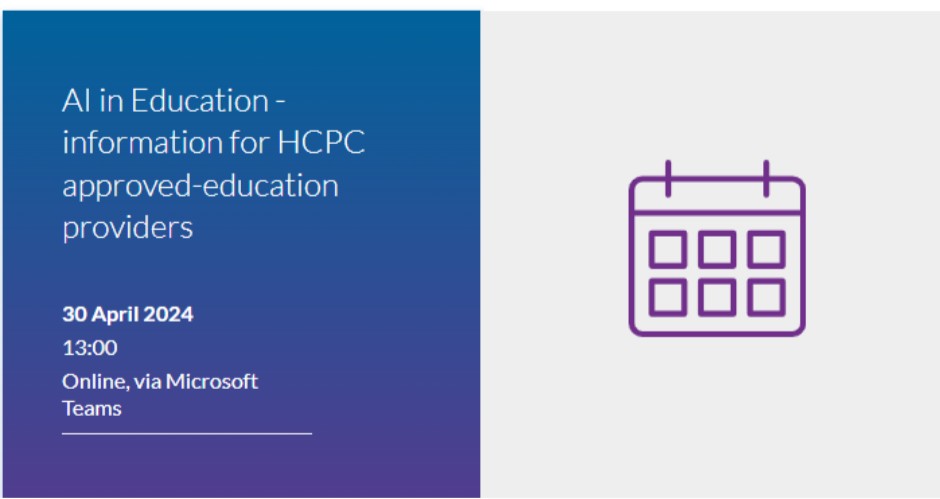 The HCPC will be hosting a webinar for education providers on 30 April 2024 about Artificial intelligence in education and training. To find out more and register: hcpc-uk.org/news-and-event…