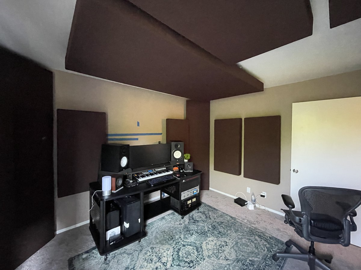 Recording Studio with 18 of our 4” & 8”  Ultacoustic All Broadband Bass Traps Including our Custom Huge 4’ x 8’ Cloud, 8” Half Angled and Straight Back Bass Traps #basstraps #acousticpanels #basstrap #soundpanels #studio #homerecordingstudio #recordings #homestudio