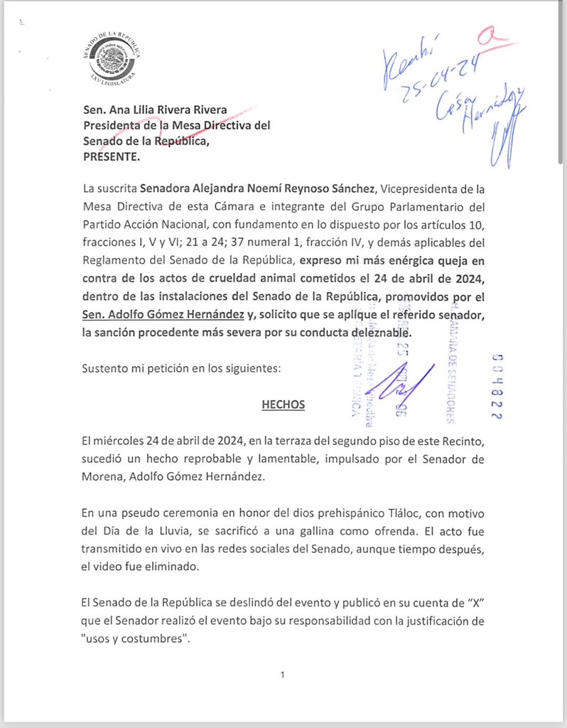 El día de ayer se registró un lamentable evento en el patio del Federalismo del recinto del @senadomexicano, donde un animal fue sacrificado. Respecto a ese hecho, suscribí un oficio para solicitar a la presidenta de la Mesa Directiva iniciar la investigación correspondiente y…