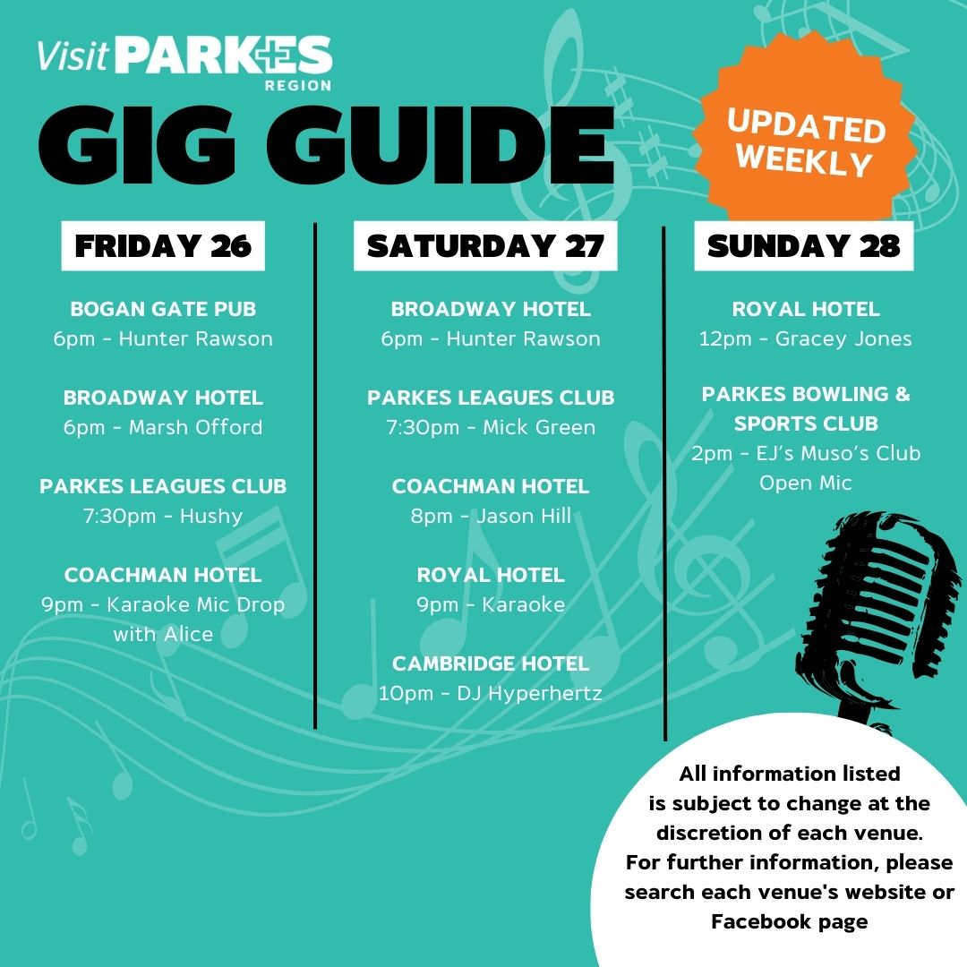 Discover the most electrifying live music events in our vibrant Shire this weekend! The gig guide is your one-stop source for all the thrilling things happening! #visitparkes