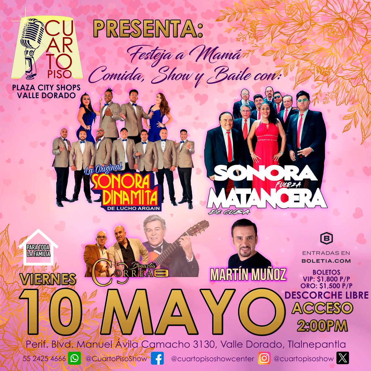 cuartopisoshow's tweet photo. Festeja a Mamá en el mejor showcenter de la zona norte
Te esperamos este 10 de Mayo para disfrutar de una tarde de comida, show y baile
Boletos en taquilla o en https://t.co/Sffop8JDMc
Te esperamos, acceso 2:00pm, City Shops Valle Dorado
#CuartoPiso #Showcenter #DíaDeLasMadres https://t.co/2WVwDBKNM1