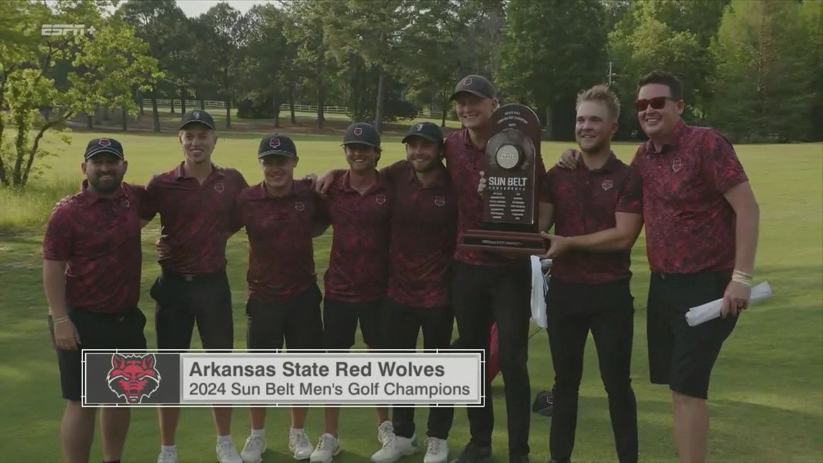 Arkansas State wins their first Sun Belt Men's Golf Championship since 2019. Mike Hagen's Red Wolves beat ULM in a dramatic final. Thomas Schmidt prevailed in 20 hole marathon in final match. Par on the 2nd playoff hole gives A-State auto bid to NCAA Regionals