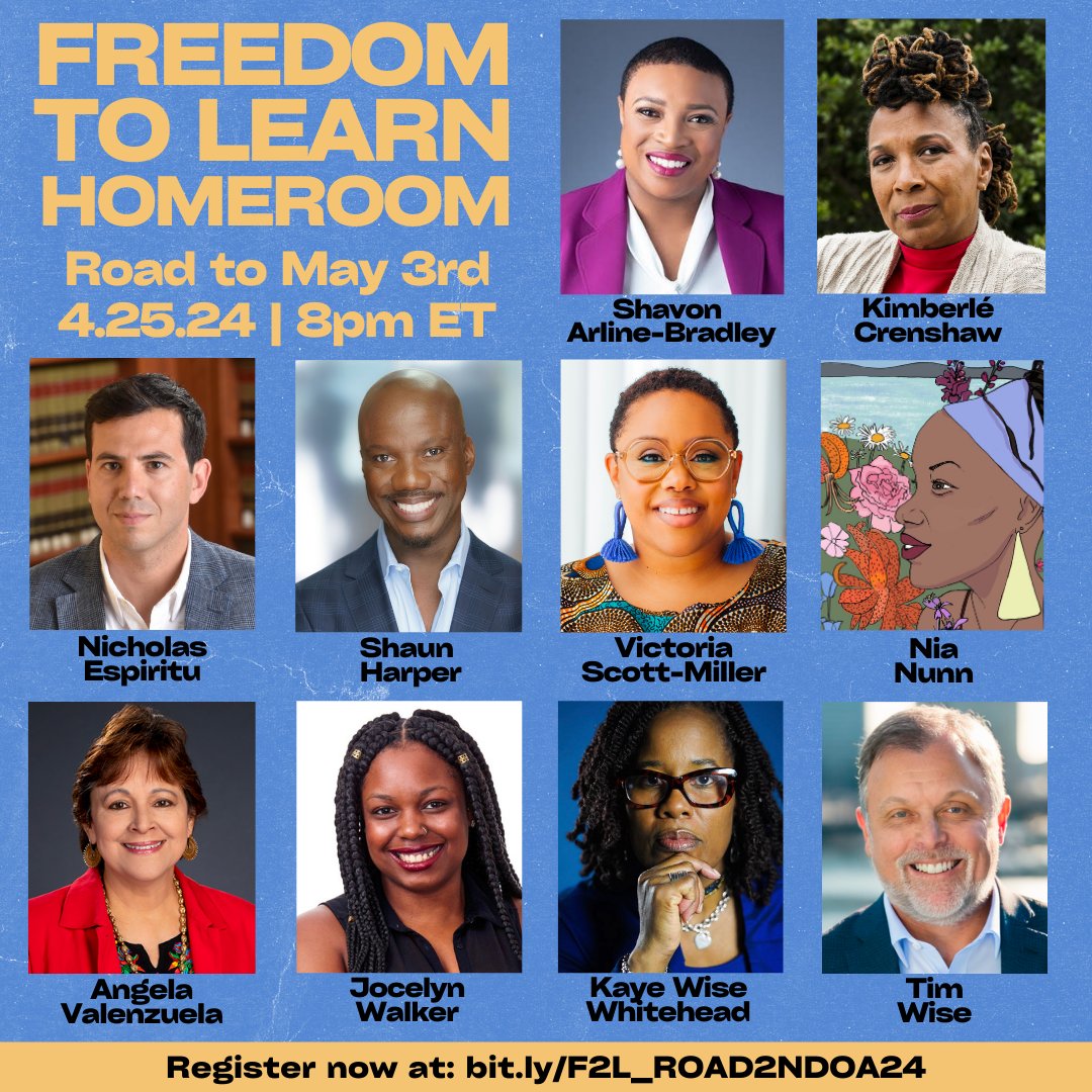We're one hour away from our 4th #FreedomToLearn homeroom happening at 8pm ET tonight. Join us to learn about how colorblindness has been weaponized by the right to perpetuate the attacks on DEI and civil rights as we continue on the road to May 3rd! bit.ly/F2L_ROAD2NDOA24