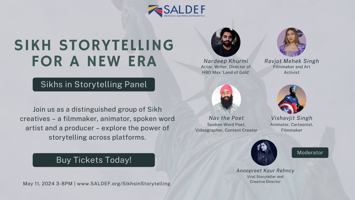 Our first panel, 'Sikh Storytelling for a New Era,' brings together a filmmaker, animator, spoken word artist, & a producer to explore the power of stories across platforms. Don’t miss out on May 11! 🎟️🔗: saldef.org/sikhsinstoryte… #SikhsInStorytelling #NYC #SALDEF