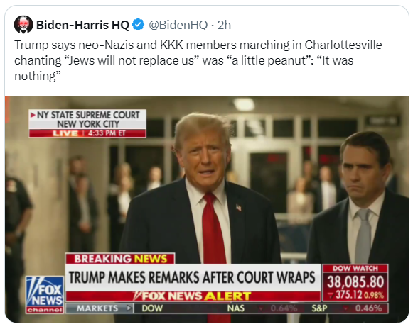 If Trump wants to talk to the press before and after court every day, he should be allowed to do so, right? His important message for today: 'Charlottesville was just a little peanut,... and the hate wasn't the kind of hate that you have here.'