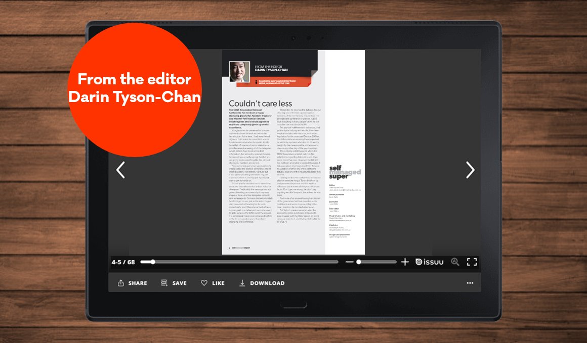 Article of the Week: Couldn’t care less

The different political party attitudes towards the sector were displayed at this year’s SMSF Association National Conference. ow.ly/2rf350RmPF1

#SMSF #financialplanning #financialservices #accounting #superannuation #smsmagazine