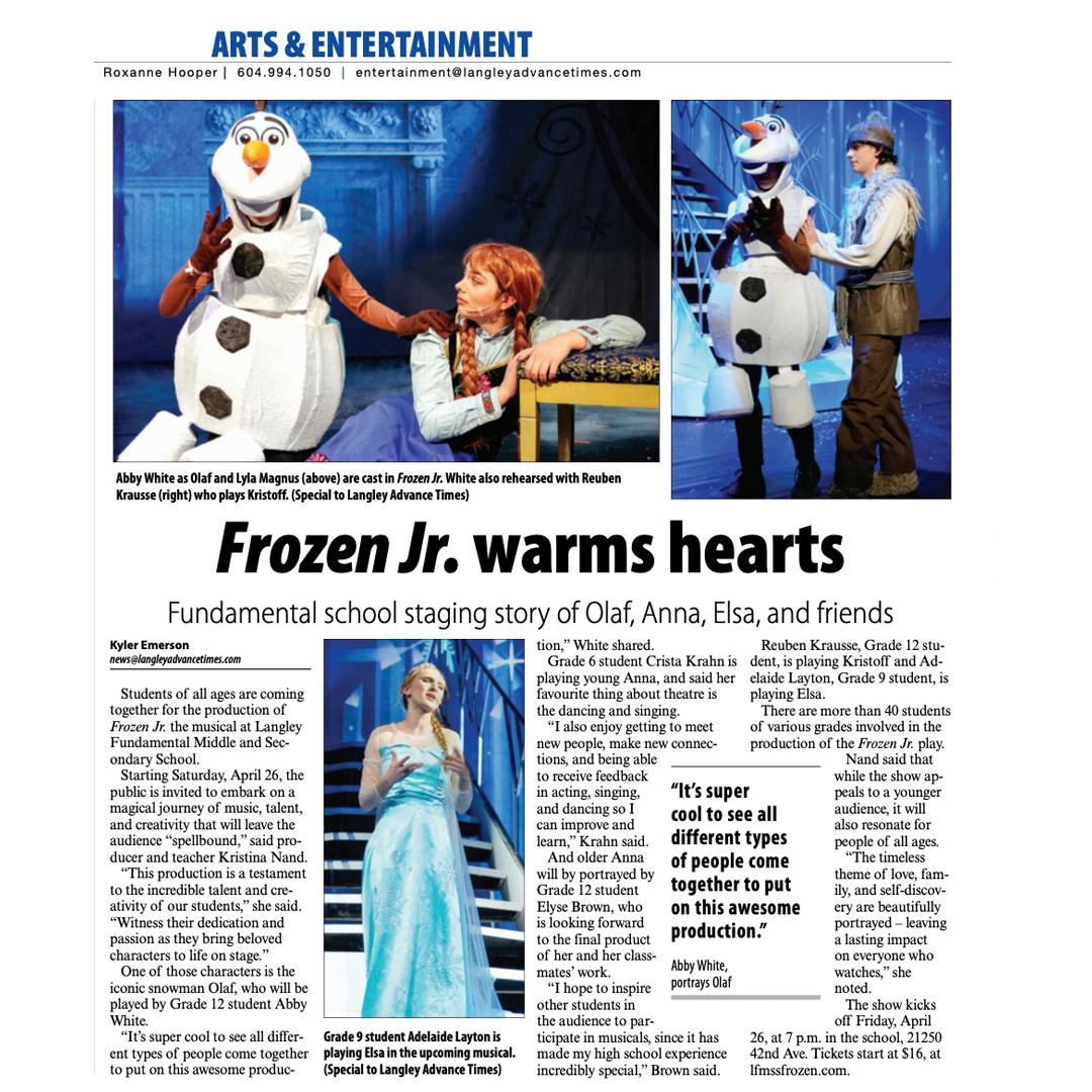 It’s almost showtime! Starting tomorrow, Langley Fundamental Middle and Secondary students will hit the stage for Frozen Jr. The show runs April 26-27 and again May 3-4. Read about it in this week's Langley Advance Times! For tickets: ow.ly/wqKT50RojzM