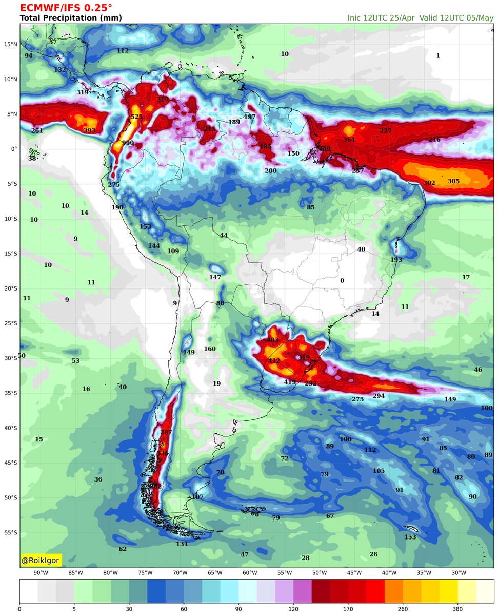 Volume de chuva previsto nas próximas 48, 96, 144, e 240h, conforme projeção do modelo ECMWF das 12UTC.
