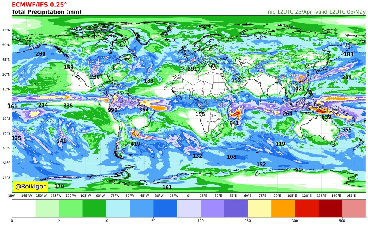 Volume de chuva a nível global, previsto nas próximas 240h, conforme o modelo ECMWF.