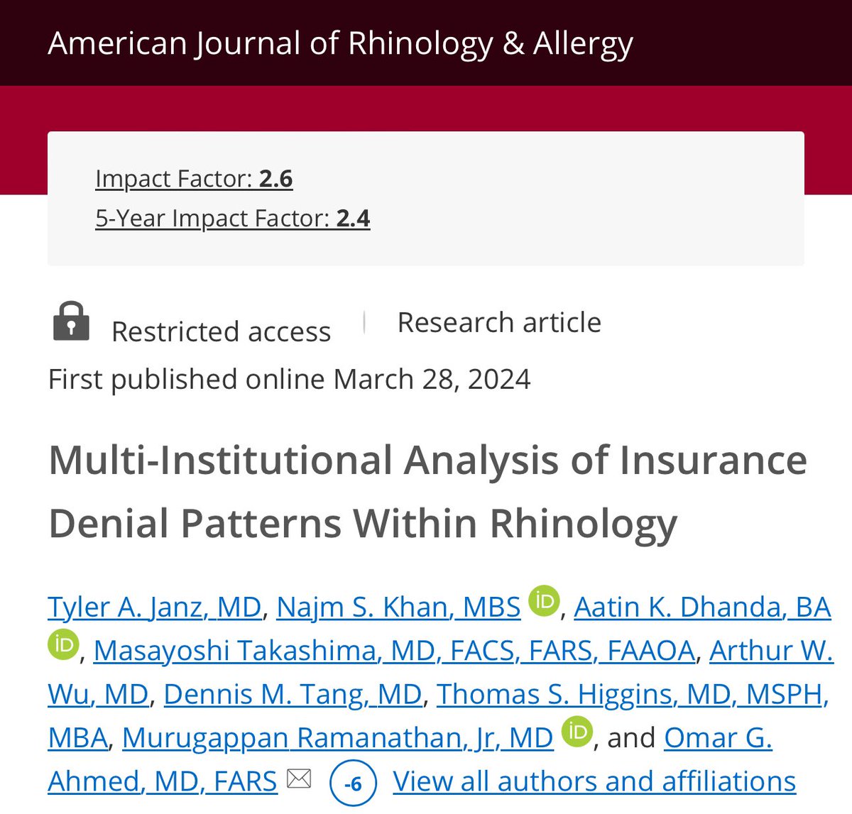 New multi institutional research looking at trends of insurance denials in the field of Rhinology.  Appreciate our colleagues from Johns Hopkins, Cedars Sinai and UTMB! 

journals.sagepub.com/doi/10.1177/19…