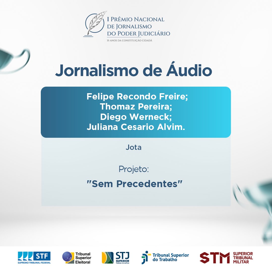 🏆 É com imenso orgulho que anunciamos vencedoras e vencedores da primeira edição do Prêmio Nacional de Jornalismo Judiciário no eixo temático do @STF_Oficial. O evento é uma iniciativa do Poder Judiciário destinada a reconhecer o papel do jornalismo na promoção do Estado…