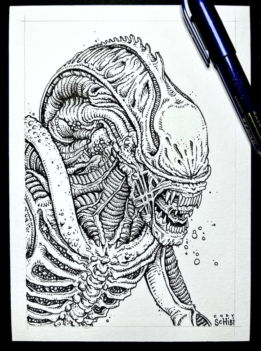 Another original inked xeno dropping in my shop tomorrow, 4.26, for #AlienDay…💚 All Alien art goes live at 12 PM CST.