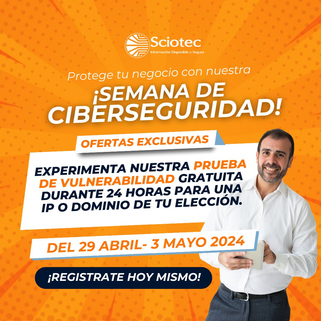¡Prepárate para proteger tu negocio con nuestras ofertas exclusivas durante la Semana de Ciberseguridad! 🛡️ Inscríbete ahora y accede a una evaluación gratuita de la vulnerabilidad de tus sistemas:

sciotec.net/lp-semana-cibe…

#SeguridadDigital #Ciberseguridad #ProtecciónEmpresarial