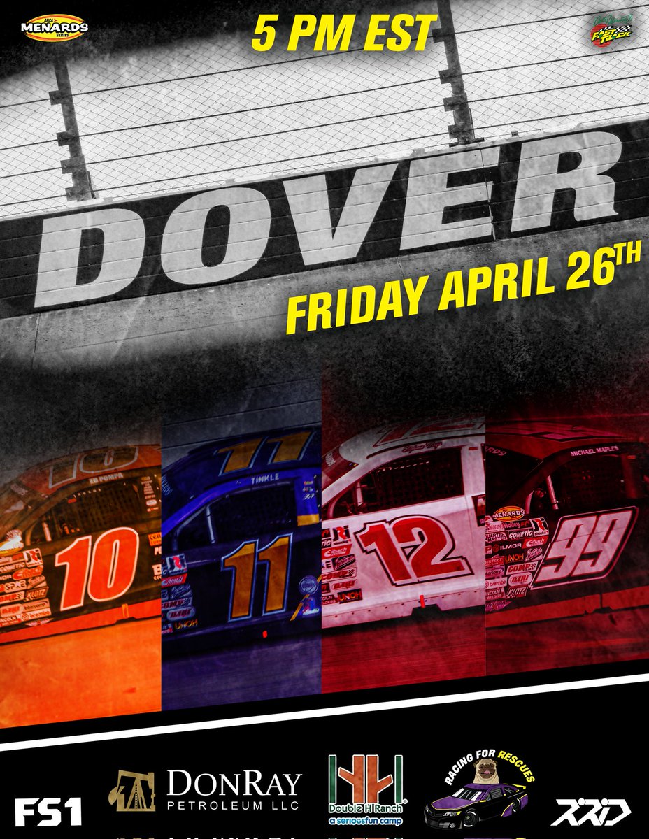 This Friday We take on the The Monster in Dover. 

⏰️ 5PM ET
📺 FS2

10 - Ed Pompa @HytorcNY/ @DoubleHRanch/ Infinite Aggregates
11 - @ZacharyTinkle Racing for Rescues
12 - Mike Basham NASCAR Technical Institute
99 - Maples Motorsports