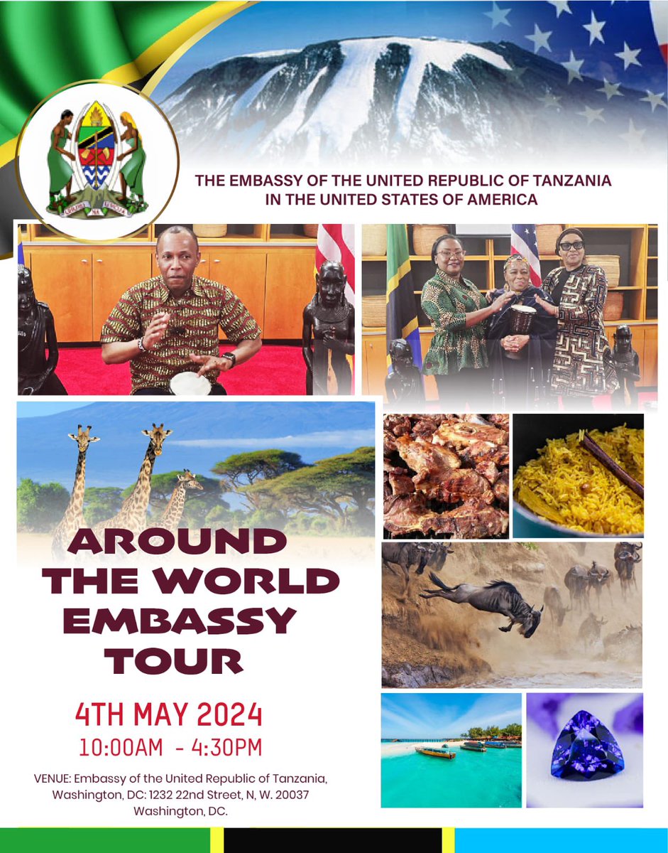 The Embassy of the United Republic of Tanzania in America warmly invites you to the Around the World Embassy Tour! 

Join us for a unique cultural experience and explore the richness of Tanzania. Don’t miss out on this exciting event! 

See the details in the flyer.