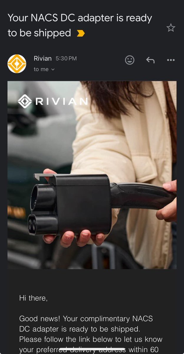 RivianTrackr's tweet image. NEWS: @Rivian owners are beginning to get emails notifying them that their NACS to CCS official adapter is ready to ship. Keep an eye out in your inbox!