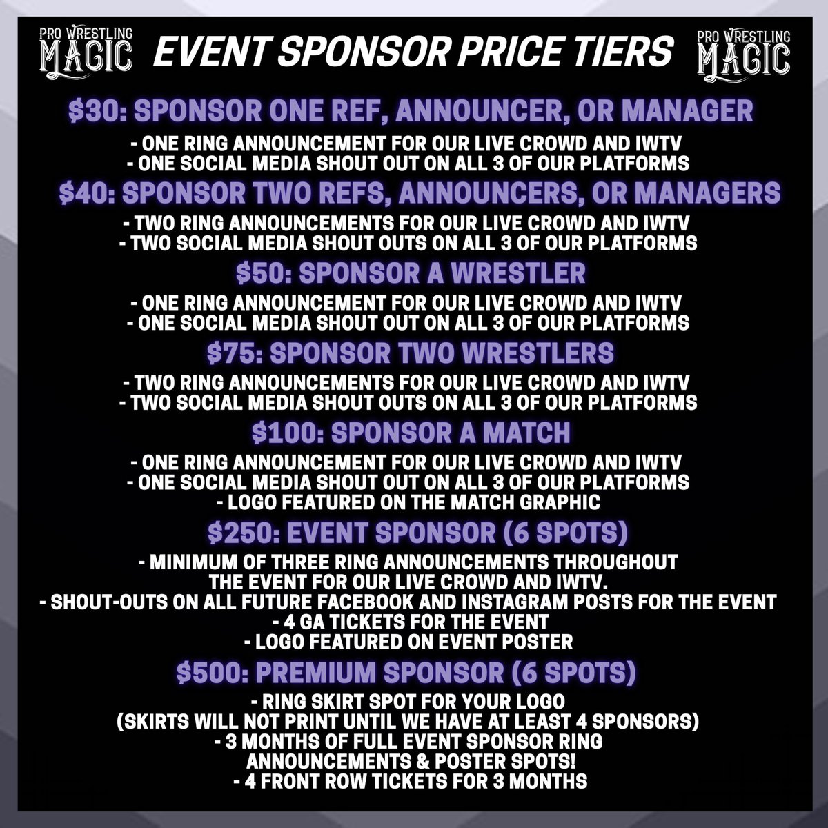 THIS SATURDAY! Don’t forget to save $10 by getting your tickets at PWMTickets.com If you can’t make it watch live on @indiewrestling (Promo code Magic) Sponsorships are still available, email WrestlingIsMagic@gmail.com for info! #ThisIsMagic