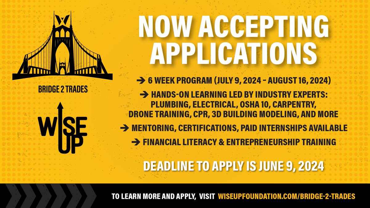 Boston HS Students: We're now accepting applications for our free summer program. Don't let this opportunity pass you by! ➡️ Learn more &amp; register: wiseupfoundation.com/bridge-2-trades
