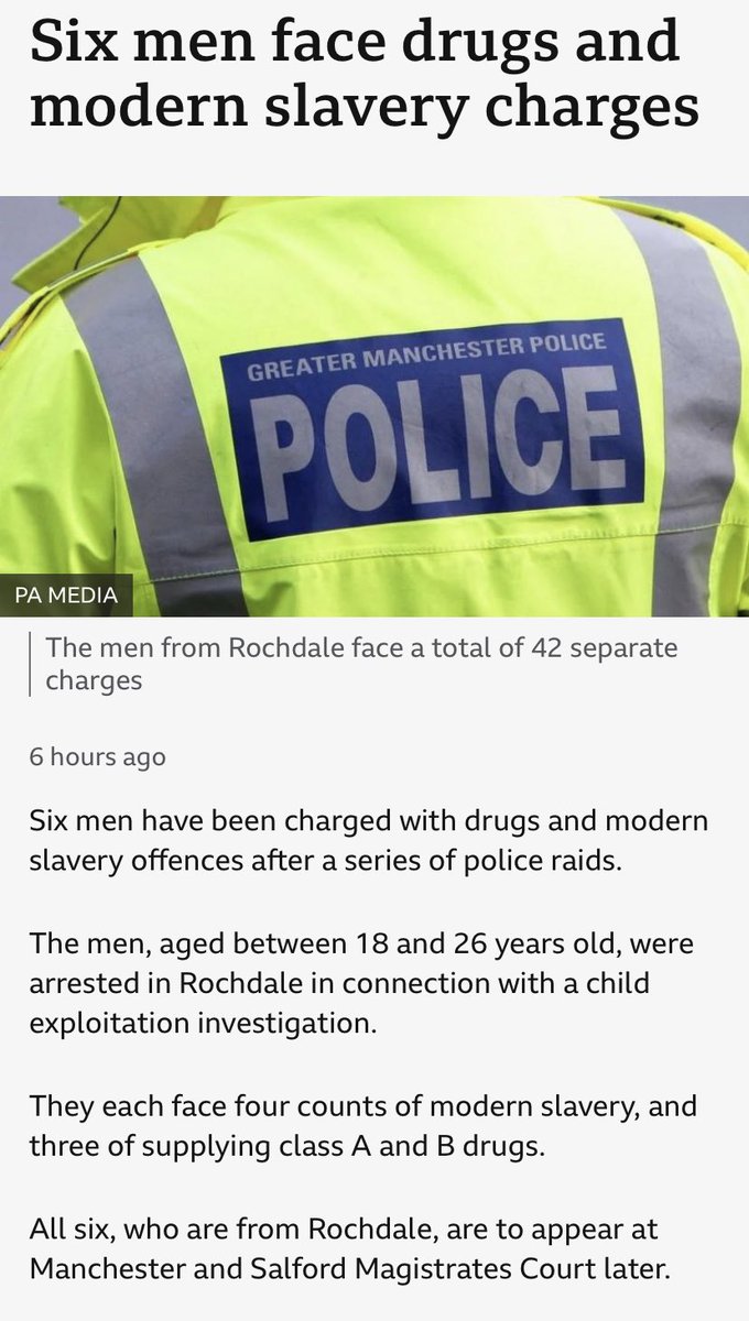 6 men charged with drug and modern slavery offences in Rochdale in connection with child exploitation investigation.

Yet, the BBC of course do not mention the names of those charged and provide little information as possible about the story.

#DefundTheBBC #ScumMedia