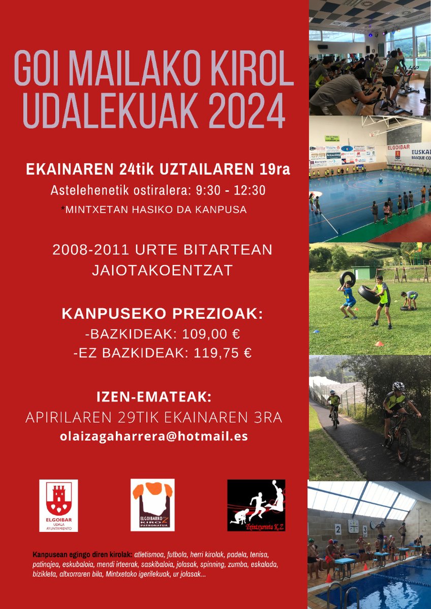 ☀️🤸‍♀️ Elgoibarko Udal Kirol Patronatuak 2024ko udako kirol udalekuetan izena emateko epea irekiko du apirilaren 29an 🔗 ES: labur.eus/ATEzZ | EU: labur.eus/qPrU9 #Elgoibar ↗️