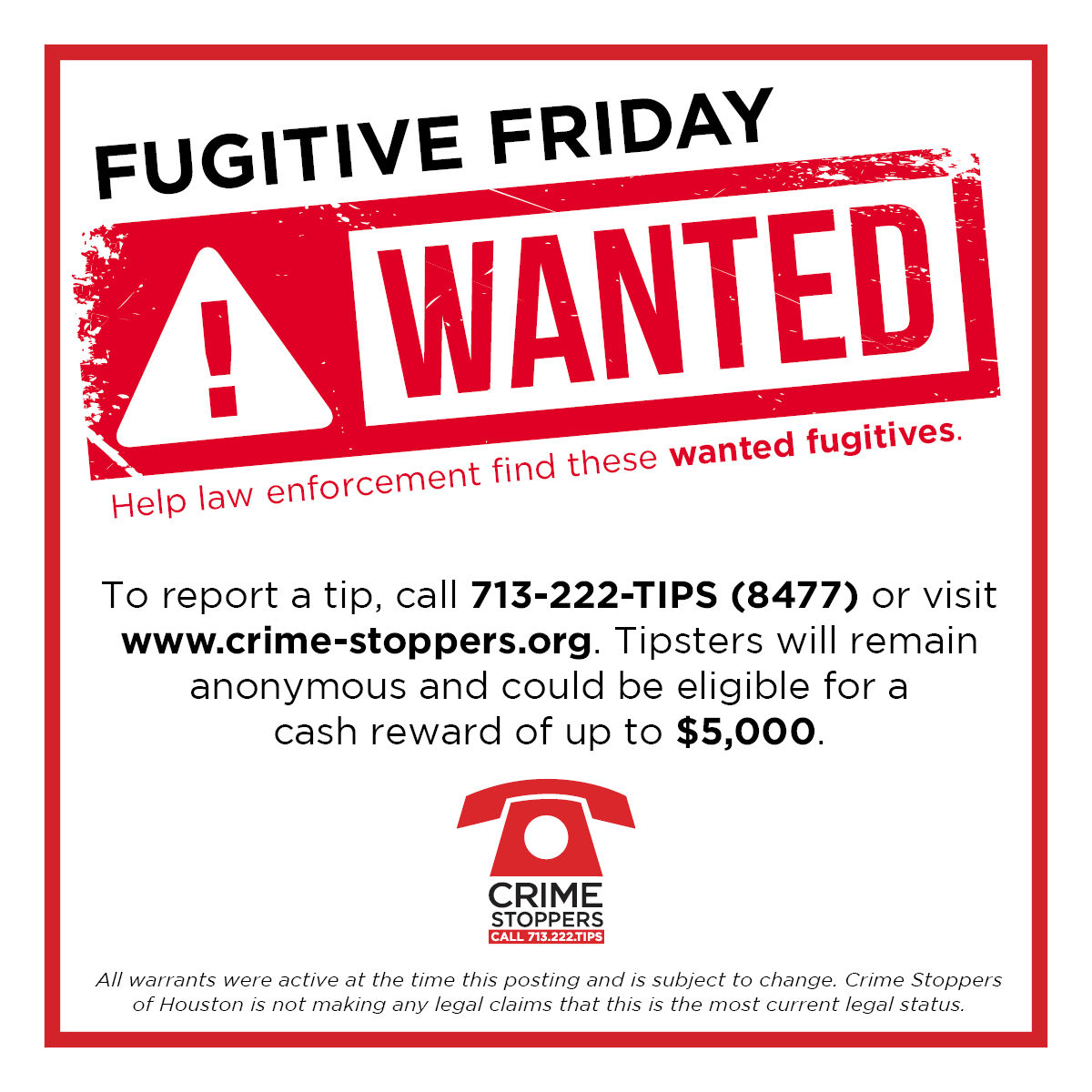 CrimeStopHOU's tweet photo. Check out this week's #FugitiveFriday! Up to $5K for information that helps find them! #hounews #KeepHoustonSafe https://t.co/tgpfp1DzHP https://t.co/wKJXVX8zYb