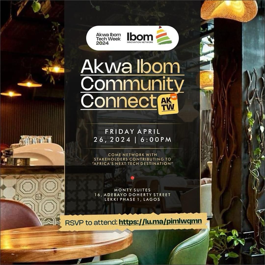 Mix, mingle, and make connections at the #AkwaIbomTechWeek2024 Lagos Mixer. 

Don't miss this opportunity to connect with industry leaders and innovators.

#Akwaibom
#Akwaibomtechjobs
#Africanewtechdestination
#CommunityConnect
#AkwaIbomCommunity
#Mixer
#Networking