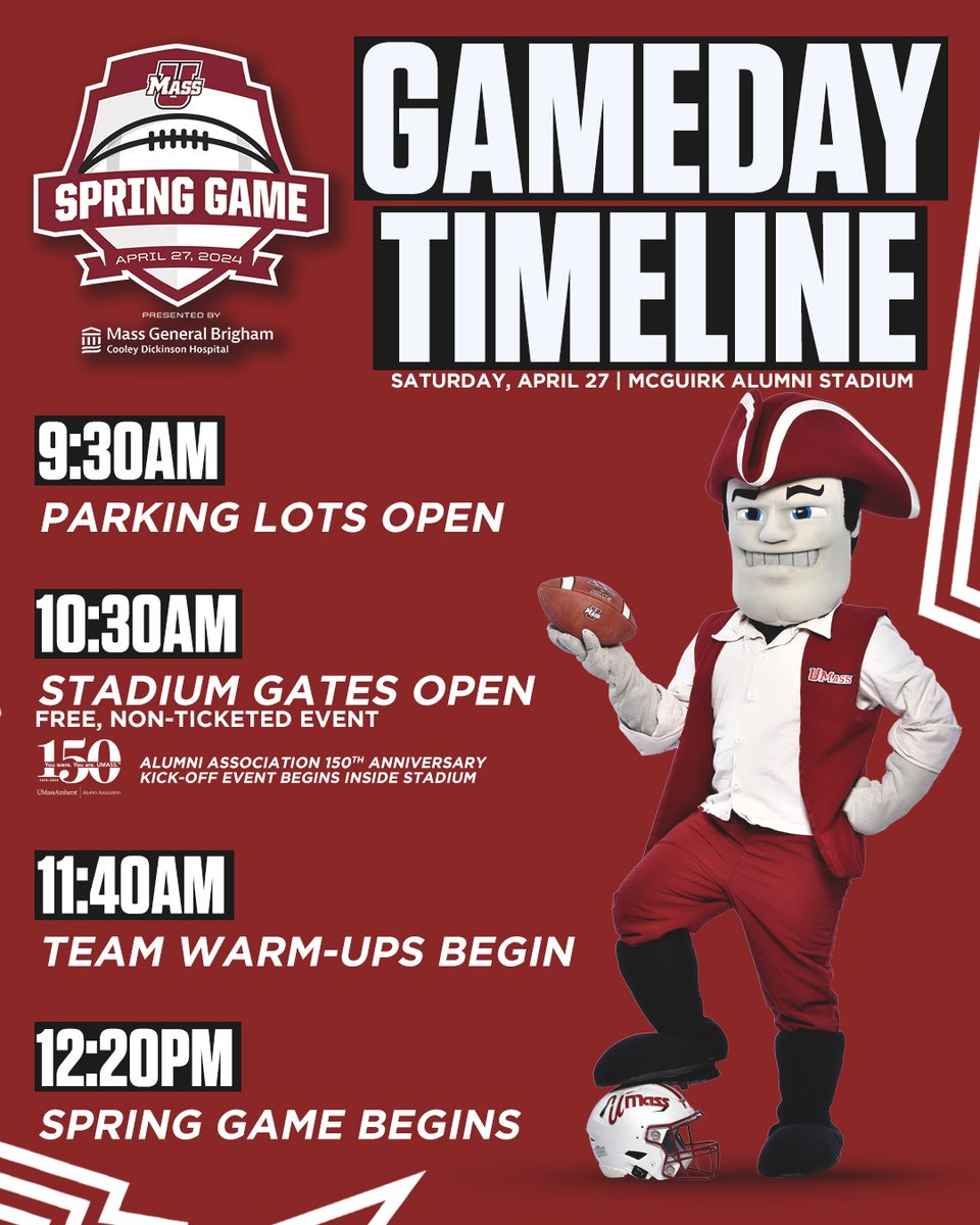 The 2024 Spring Game is this Saturday! Check out the timeline for Saturday's events ⬇️ Stop by the @AlumniUMass 150th Anniversary kick-off event inside the stadium when gates open at 10:30 a.m. Students - check-in to the game to earn points in the MinuteFan App! #Flagship🚩