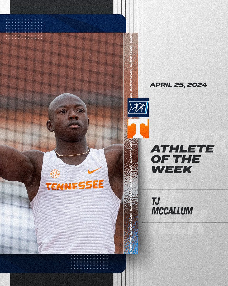 NCAATrackField's tweet image. ‼️ ATHLETE OF THE WEEK ‼️

This week's NCAA Athlete of the Week is TJ McCallum! 🟠

#NCAATF x @Vol_Track