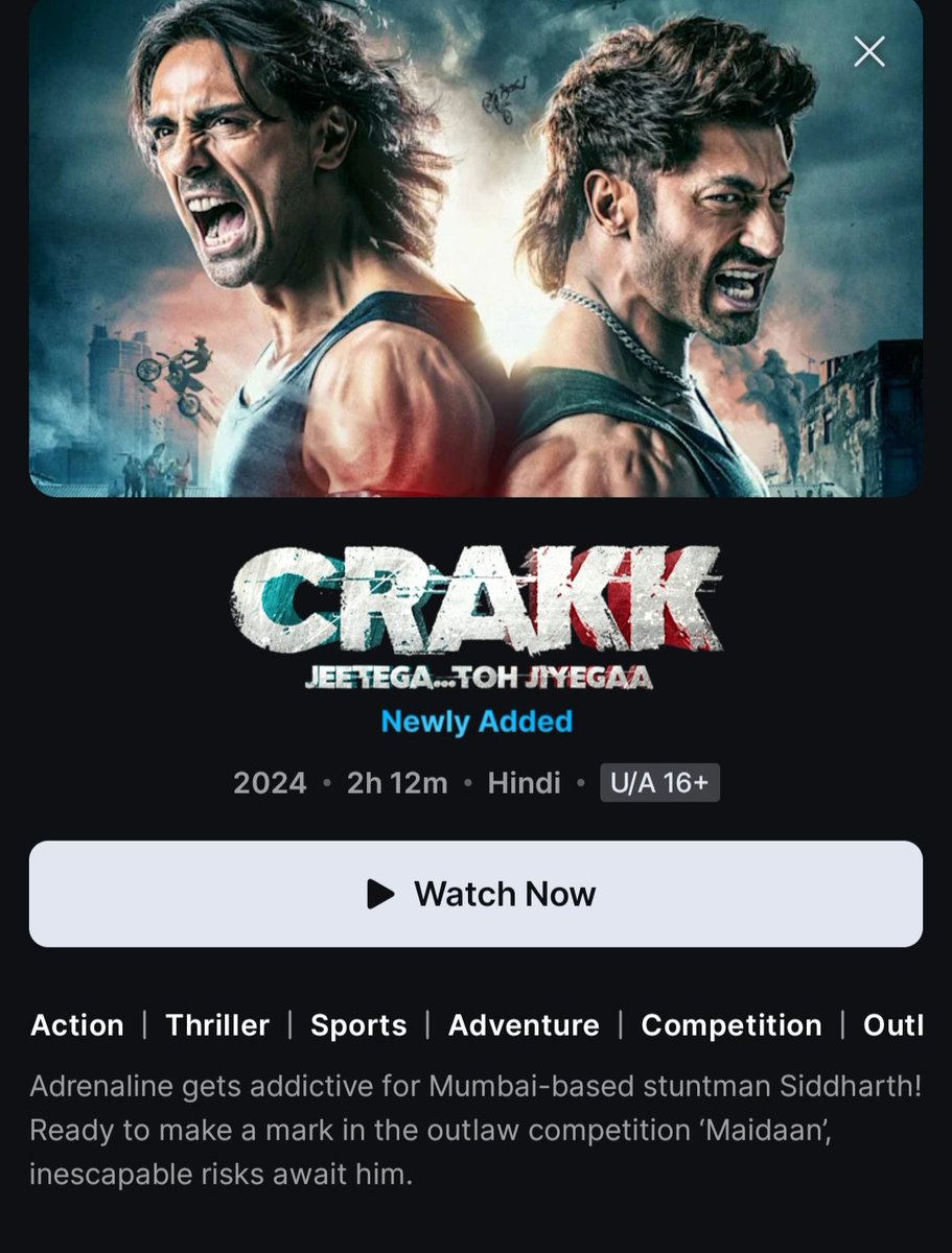 #Crakk Hindi Movie Streaming Now on #DisneyPlusHotstar

Hindi Audio with English Subtitles 

#VidyutJammwal #NoraFatehi #AmyJackson #ArjunRampal #Hindi