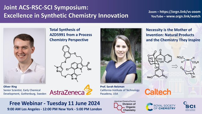 The DOC has a new Virtual Symposium! Sponsored w/ @RoySocChem @SCIupdate on June 11 at at 9am PT, 12pm ET, 5pm UK with Oliver Ring @RingSynthesis @AstraZeneca and Prof. Sarah Reisman @sarah_reisman @Caltech YouTube: zurl.co/uRSx Zoom: zurl.co/ytYH