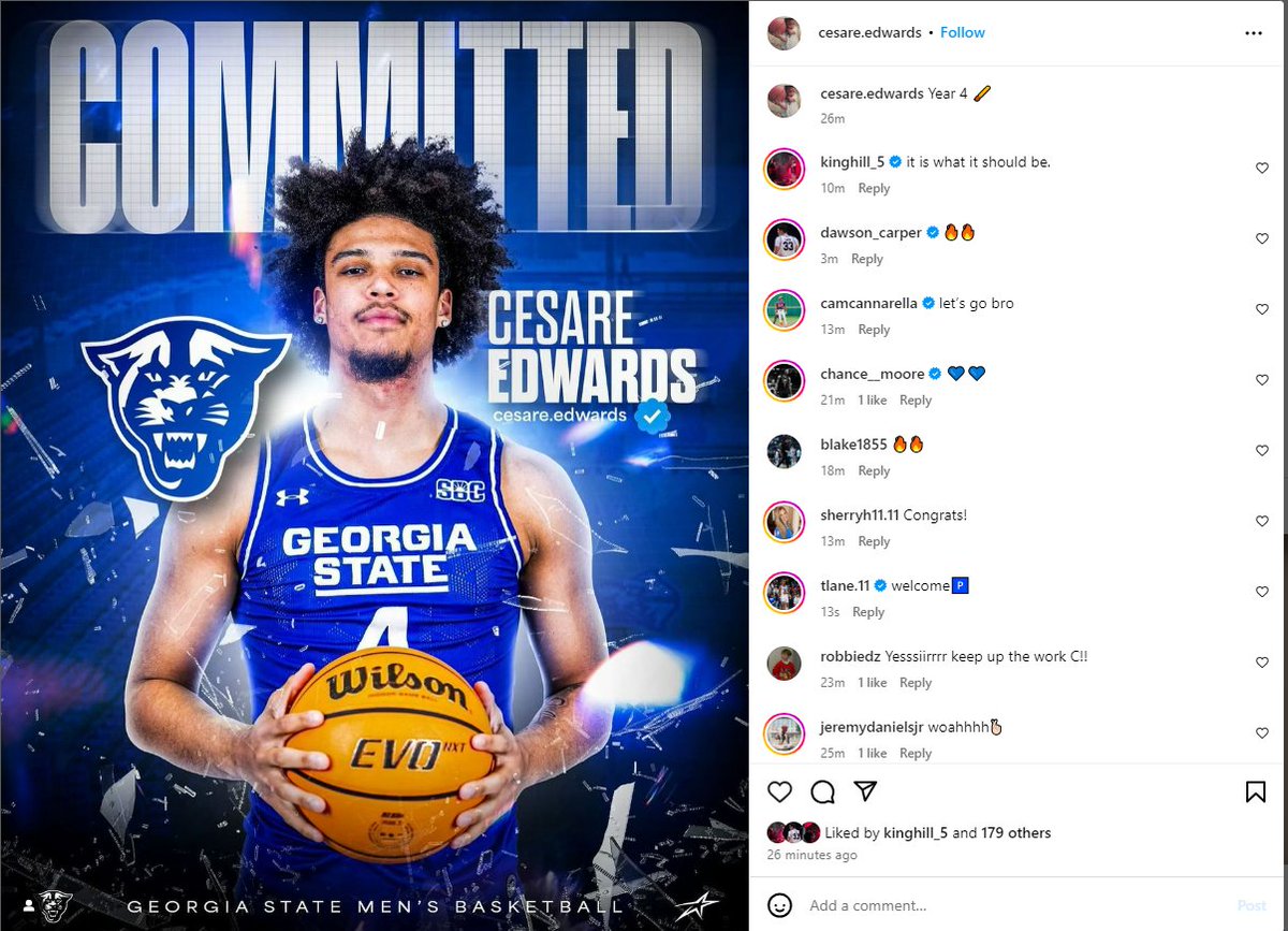 Former Missouri State forward Cesare Edwards announced on IG that he's headed to Georgia State.