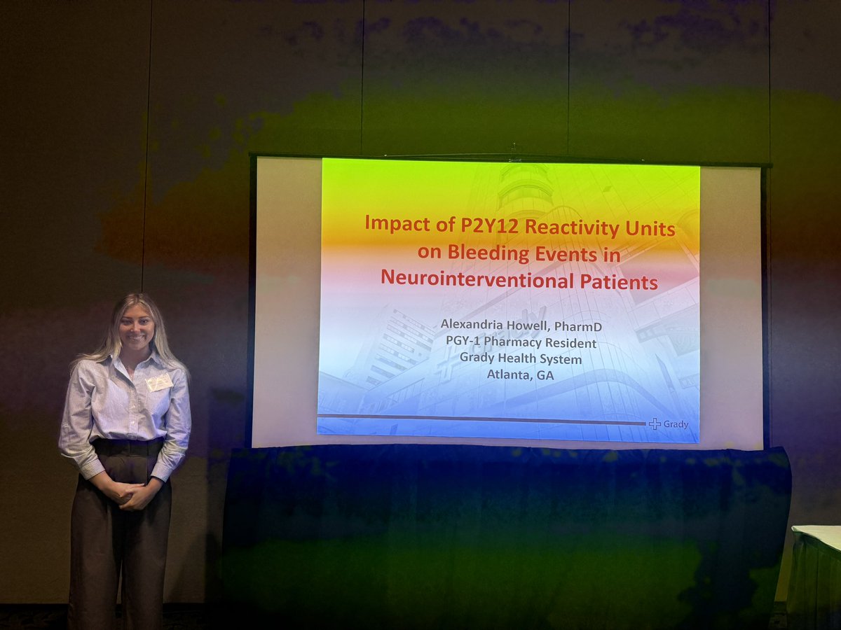 Grady Clinical pharmacy the impact of preprocedural PRUs on bleeding risk in neuroendovascular procedures  at #serc2024 

#Neurology #gradystrong #gradyhealth
