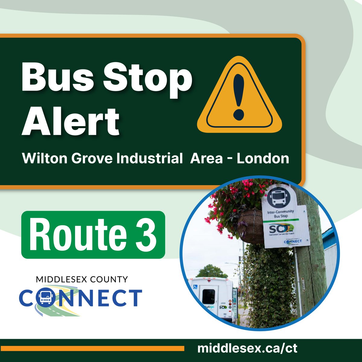 Temporary Bus Stop Closures (Route 3): the following bus stops will not be accessible in the Wilton Grove Industrial Area : •Stop #2300WB (Wilton Grove East of Pond Mills) •Stop #653EB (Enterprise at Pond Mills) For more information ➡️ middlesex.ca/ct